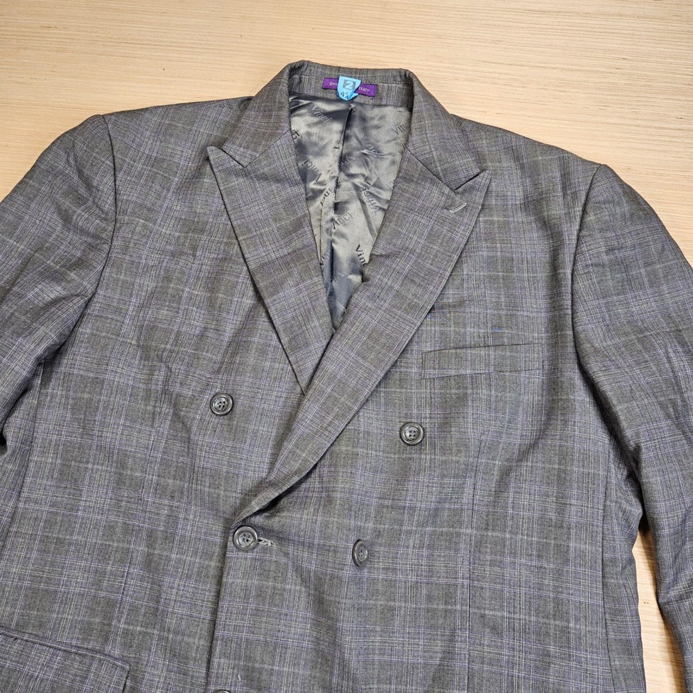 Vinci Suit Jacket Blazer Men 44R Gray Plaid Double Breasted Professional Formal